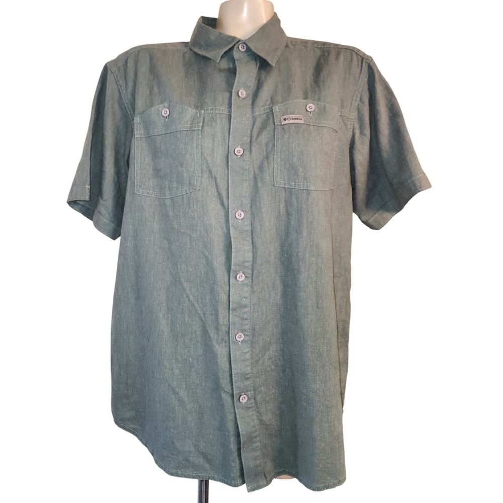 Columbia Mens Hemp Cotton Blend Short Sleeve Button Down Shirt Sage Green XM0451